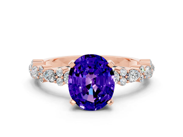 Rose gold Oval Cut Tanzanite Side Stone Solitaire Ring with Round  and Four-Prong Setting