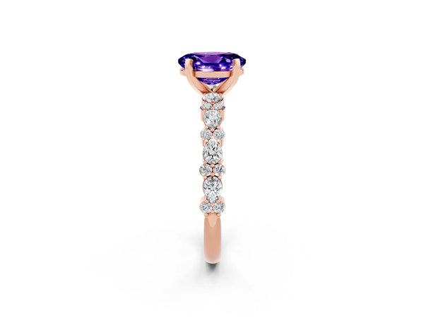 Rose gold Oval Cut Tanzanite Side Stone Solitaire Ring with Round  and Four-Prong Setting