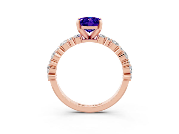 Rose gold Oval Cut Tanzanite Side Stone Solitaire Ring with Round  and Four-Prong Setting