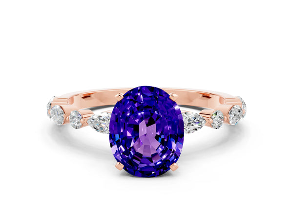 Rose gold Oval Cut Tanzanite Ring with Marquise and Round  Side Stones and Four-Prong Setting