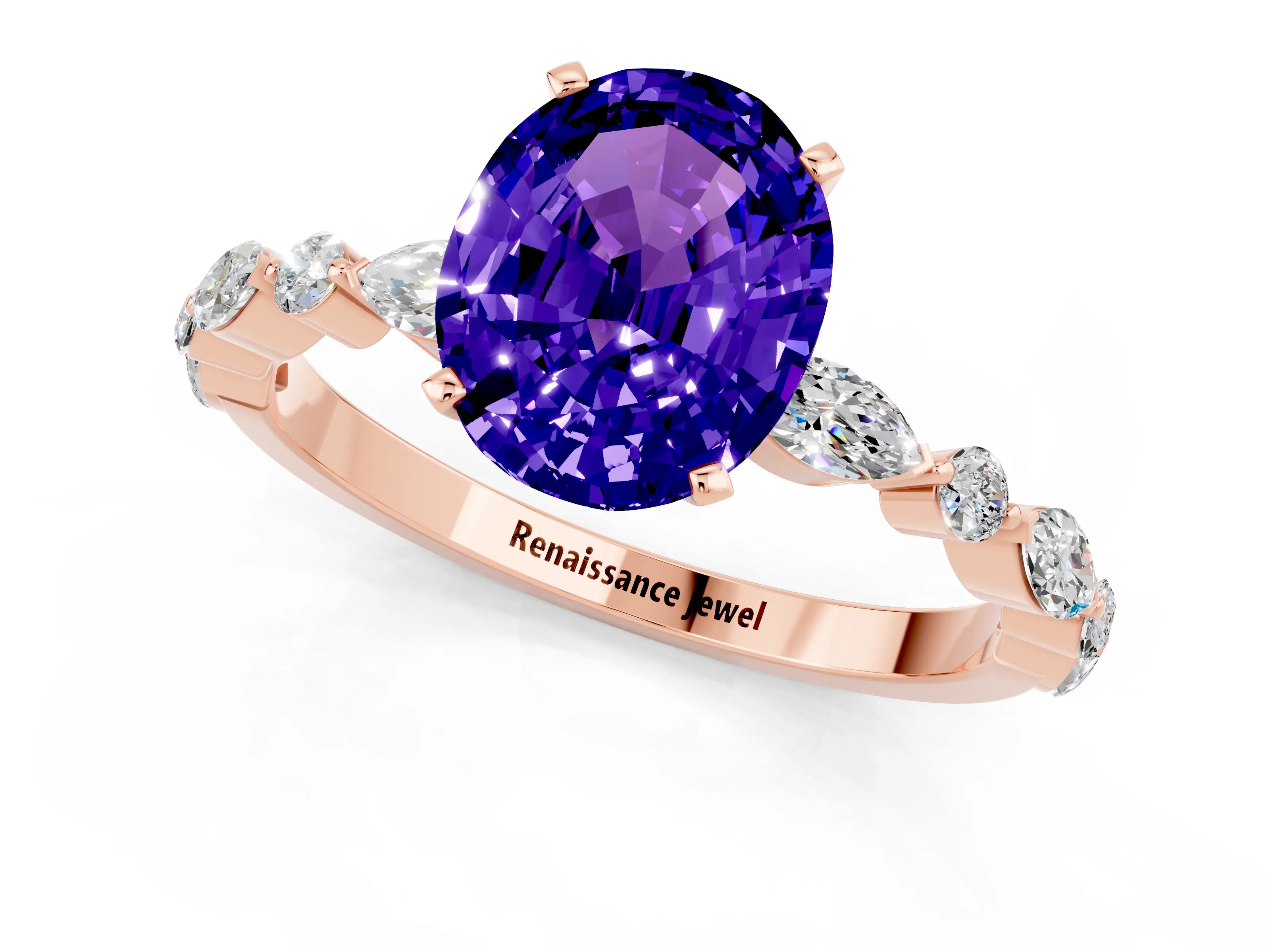 Rose gold Oval Cut Tanzanite Solitaire with Side Stones on a Pavé Band and Four-Prong Setting_1