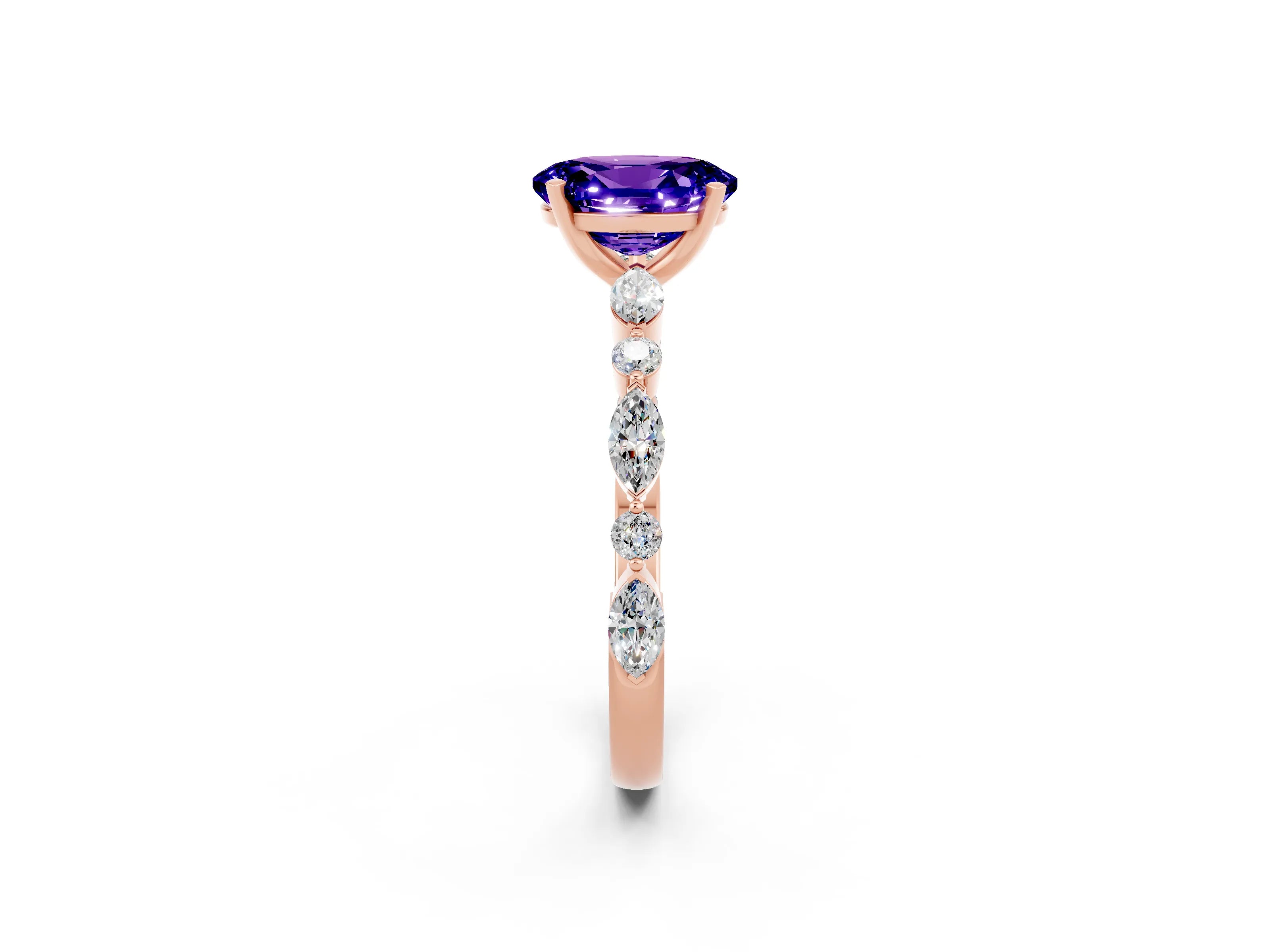 Rose gold Oval Cut Tanzanite Solitaire with Side Stones on a Pavé Band and Four-Prong Setting_2