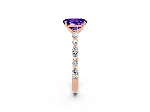 Rose gold Oval Cut Tanzanite Ring with Marquise and Round  Side Stones and Four-Prong Setting