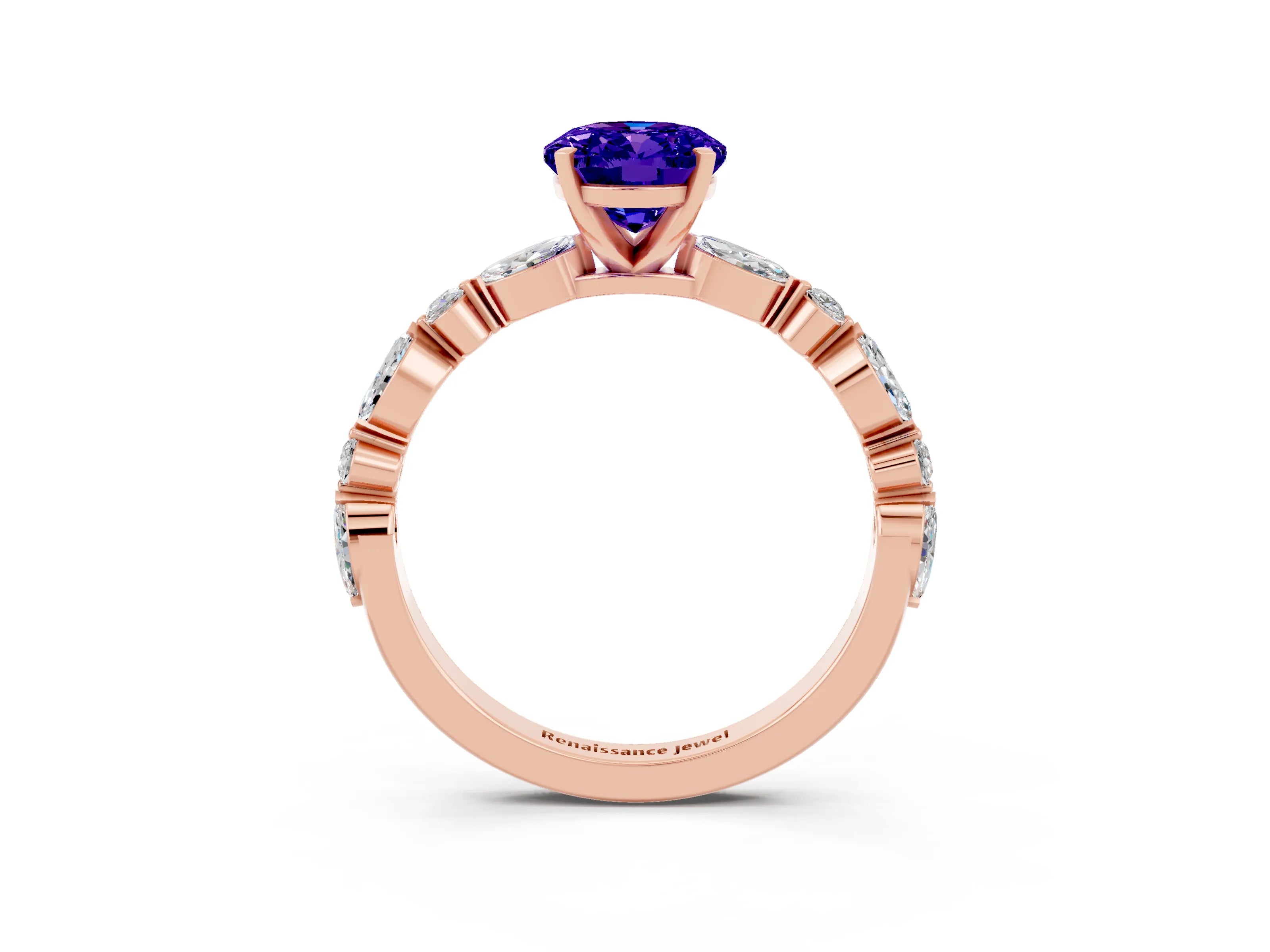 Rose gold Oval Cut Tanzanite Solitaire with Side Stones on a Pavé Band and Four-Prong Setting_3