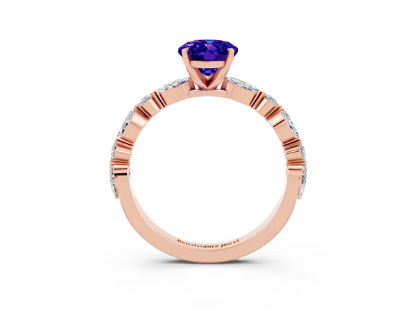 Rose gold Oval Cut Tanzanite Ring with Marquise and Round  Side Stones and Four-Prong Setting