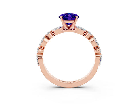 Rose gold Oval Cut Tanzanite Solitaire with Side Stones on a Pavé Band and Four-Prong Setting_3