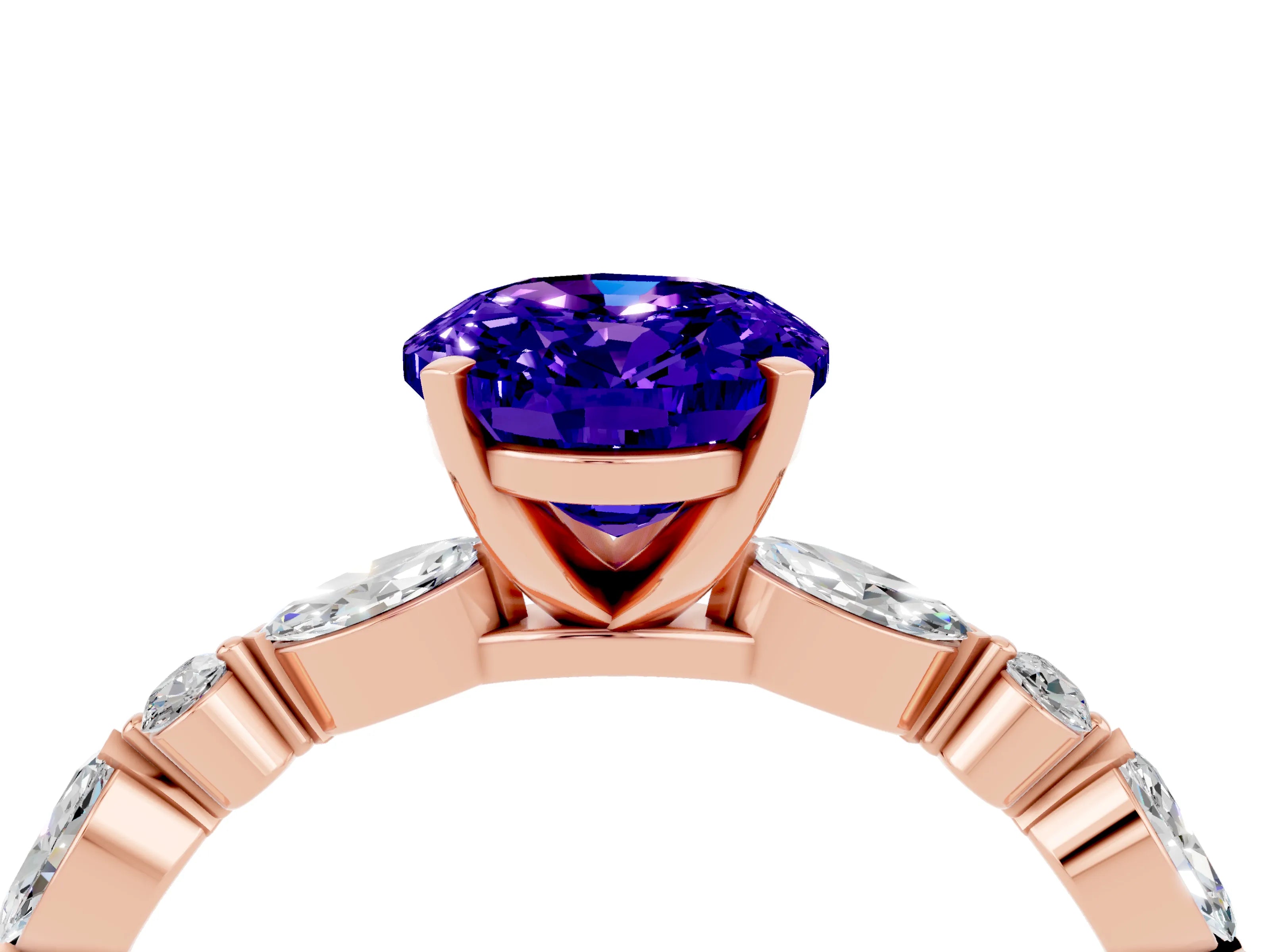 Rose gold Oval Cut Tanzanite Solitaire with Side Stones on a Pavé Band and Four-Prong Setting_4