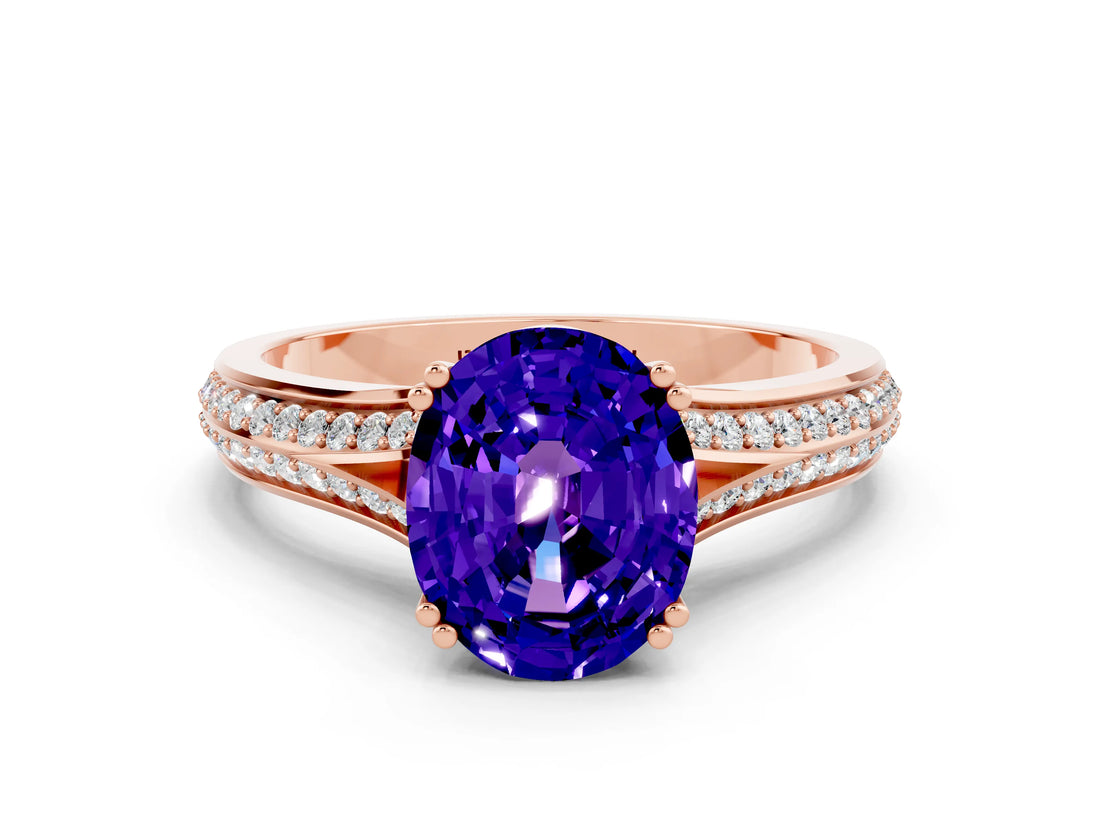 Rose gold Oval Cut Tanzanite Split Shank Engagement Ring with Pavé Band