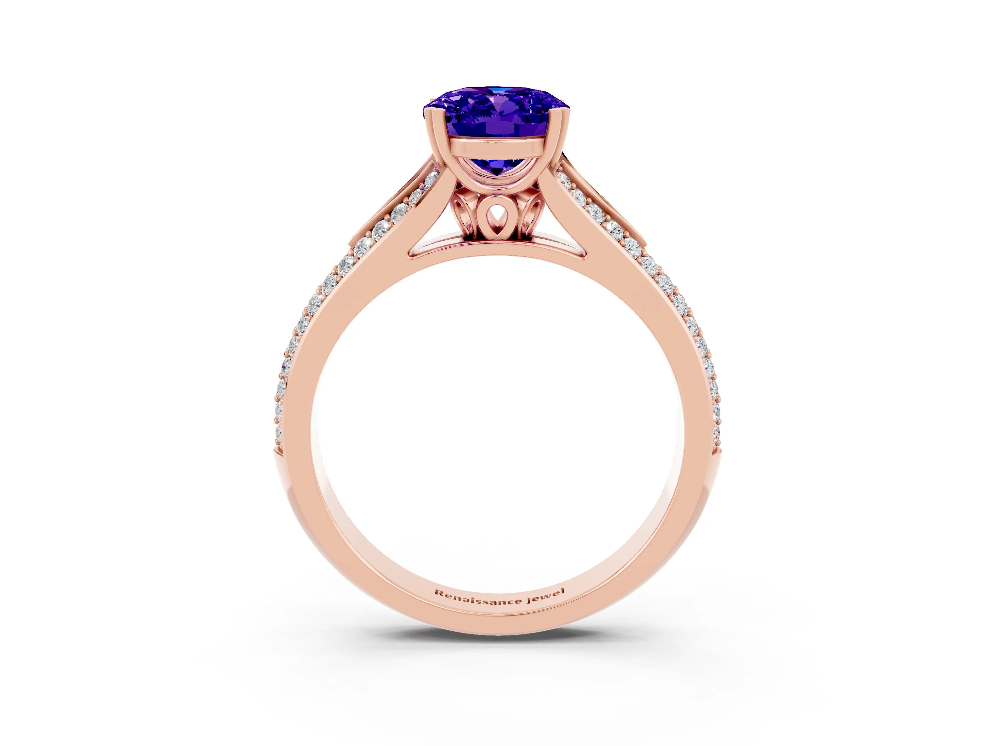 Rose gold Oval Cut Tanzanite Split Shank Engagement Ring with Pavé Band_3