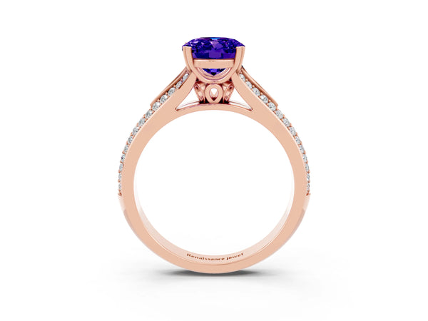 Rose gold Oval Cut Tanzanite Split Shank Engagement Ring with Pavé Band