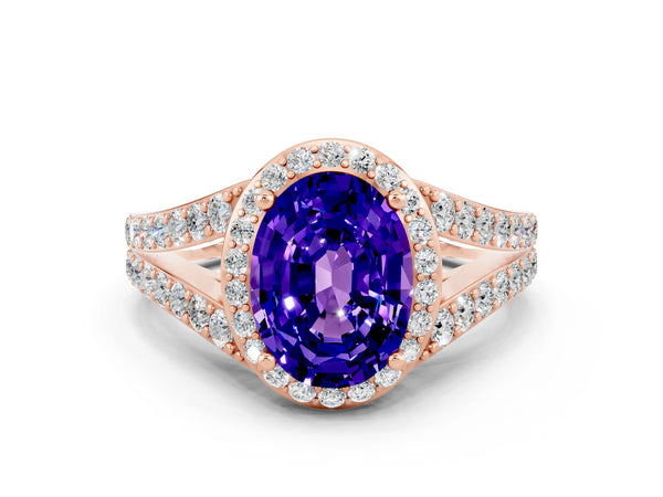 Rose gold Oval Cut Tanzanite Split Shank Halo Ring with Four-Prong Setting