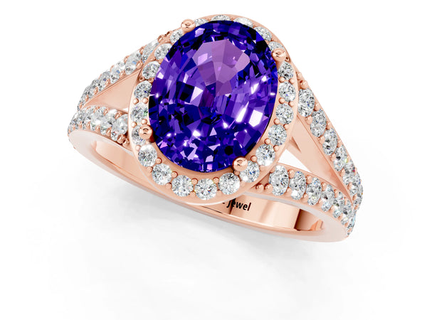 Rose gold Oval Cut Tanzanite Split Shank Halo Ring with Four-Prong Setting