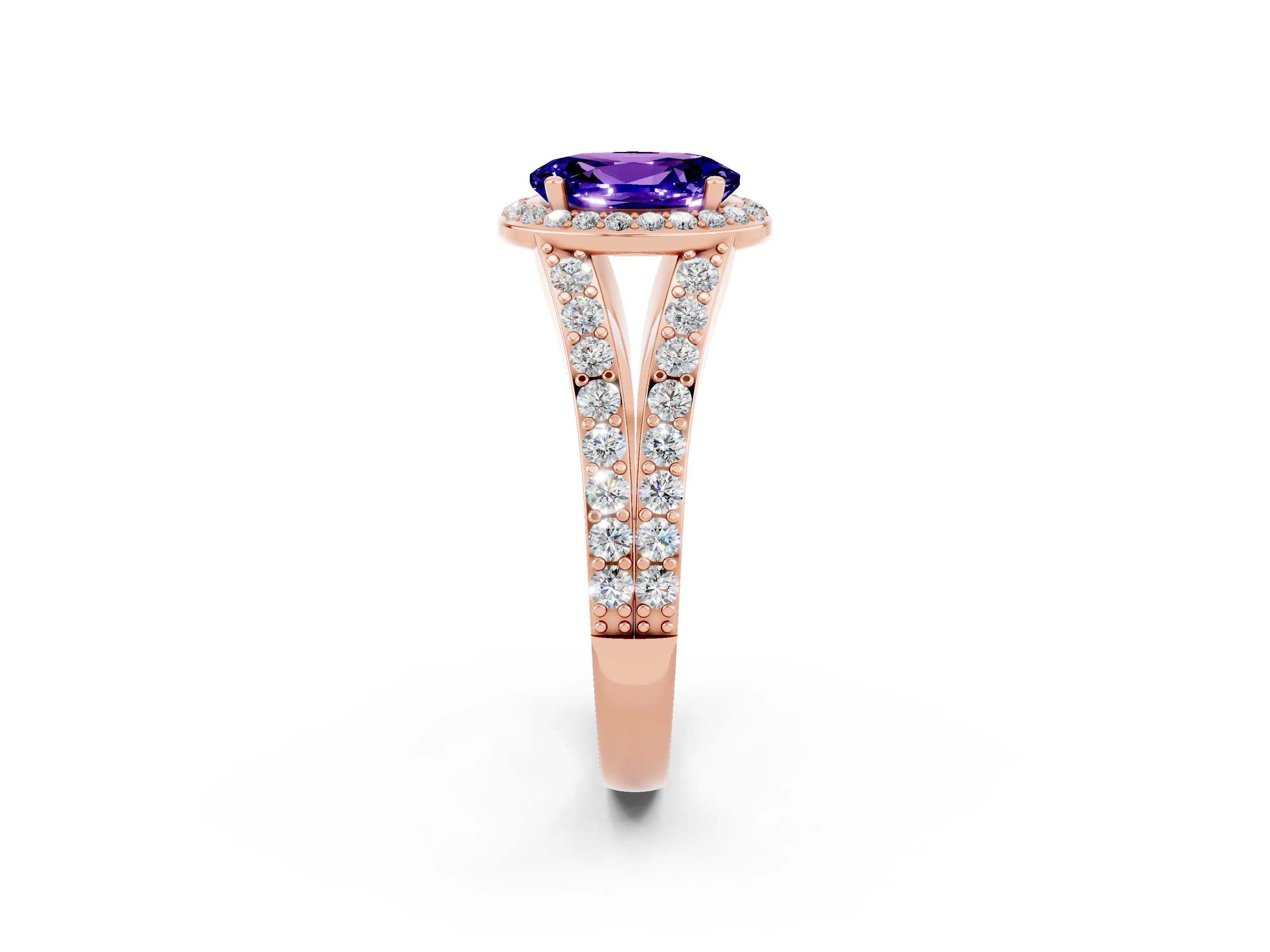 Rose gold Oval Cut Tanzanite Split Shank Halo Ring with Four-Prong Setting_14