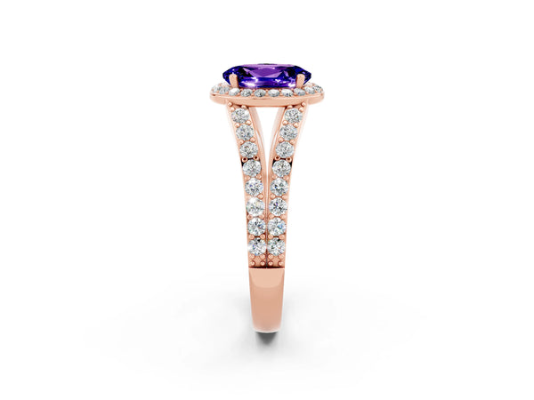 Rose gold Oval Cut Tanzanite Split Shank Halo Ring with Four-Prong Setting