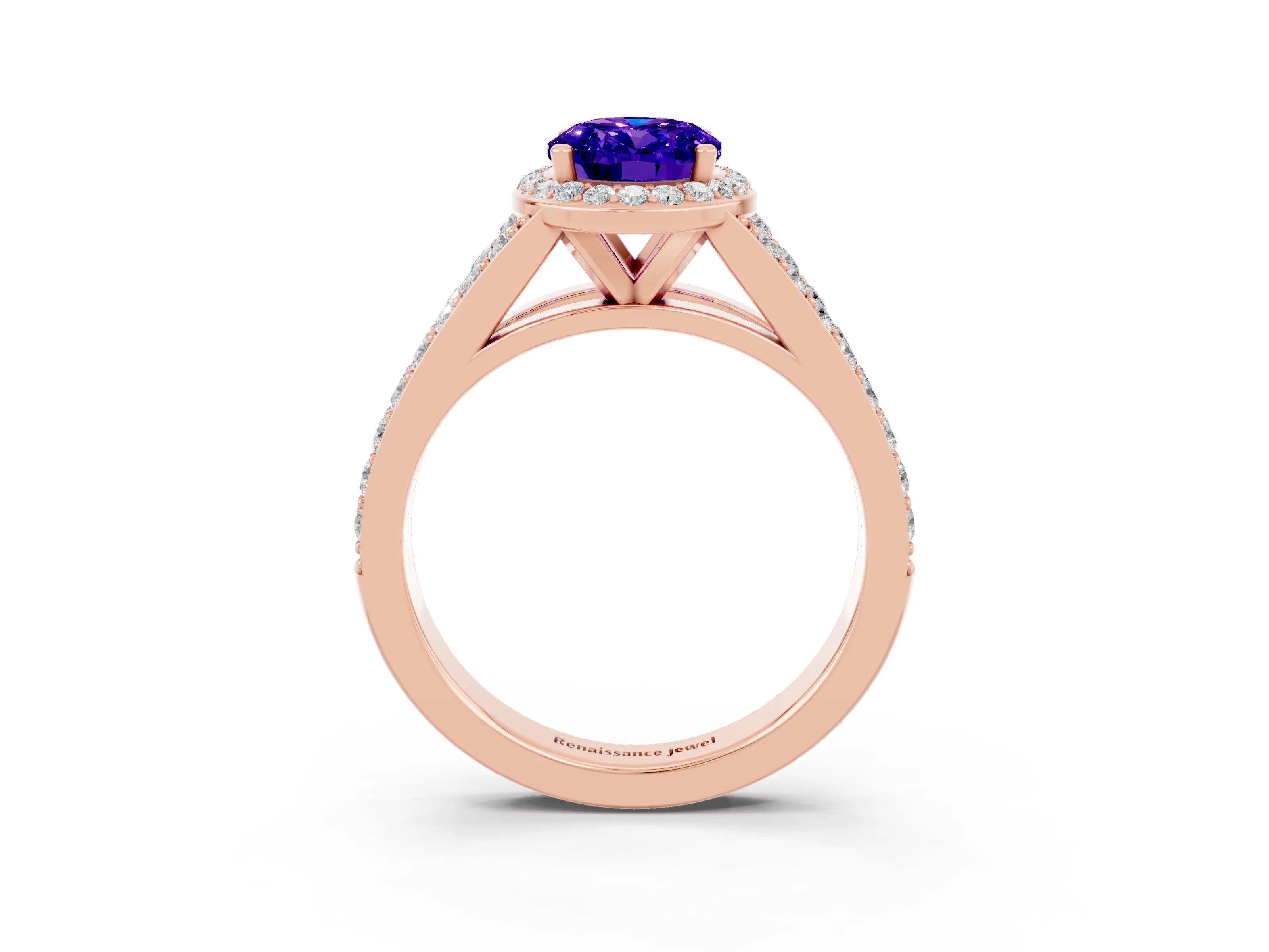 Rose gold Oval Cut Tanzanite Split Shank Halo Ring with Four-Prong Setting_15
