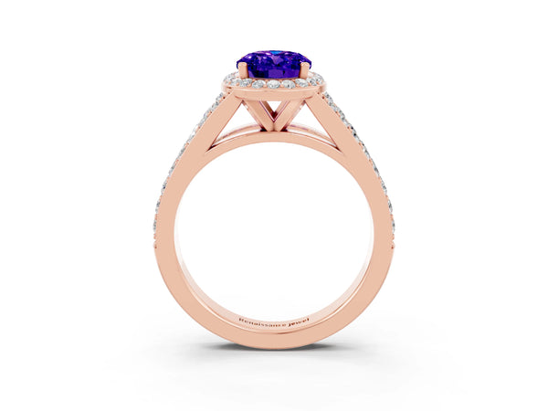 Rose gold Oval Cut Tanzanite Split Shank Halo Ring with Four-Prong Setting