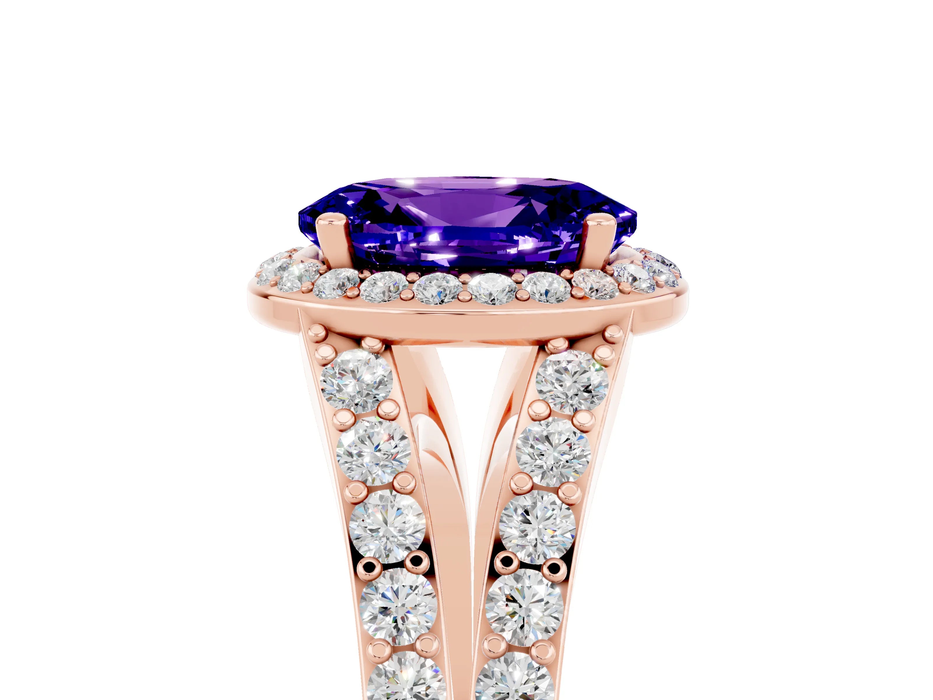 Rose gold Oval Cut Tanzanite Split Shank Halo Ring with Four-Prong Setting_17