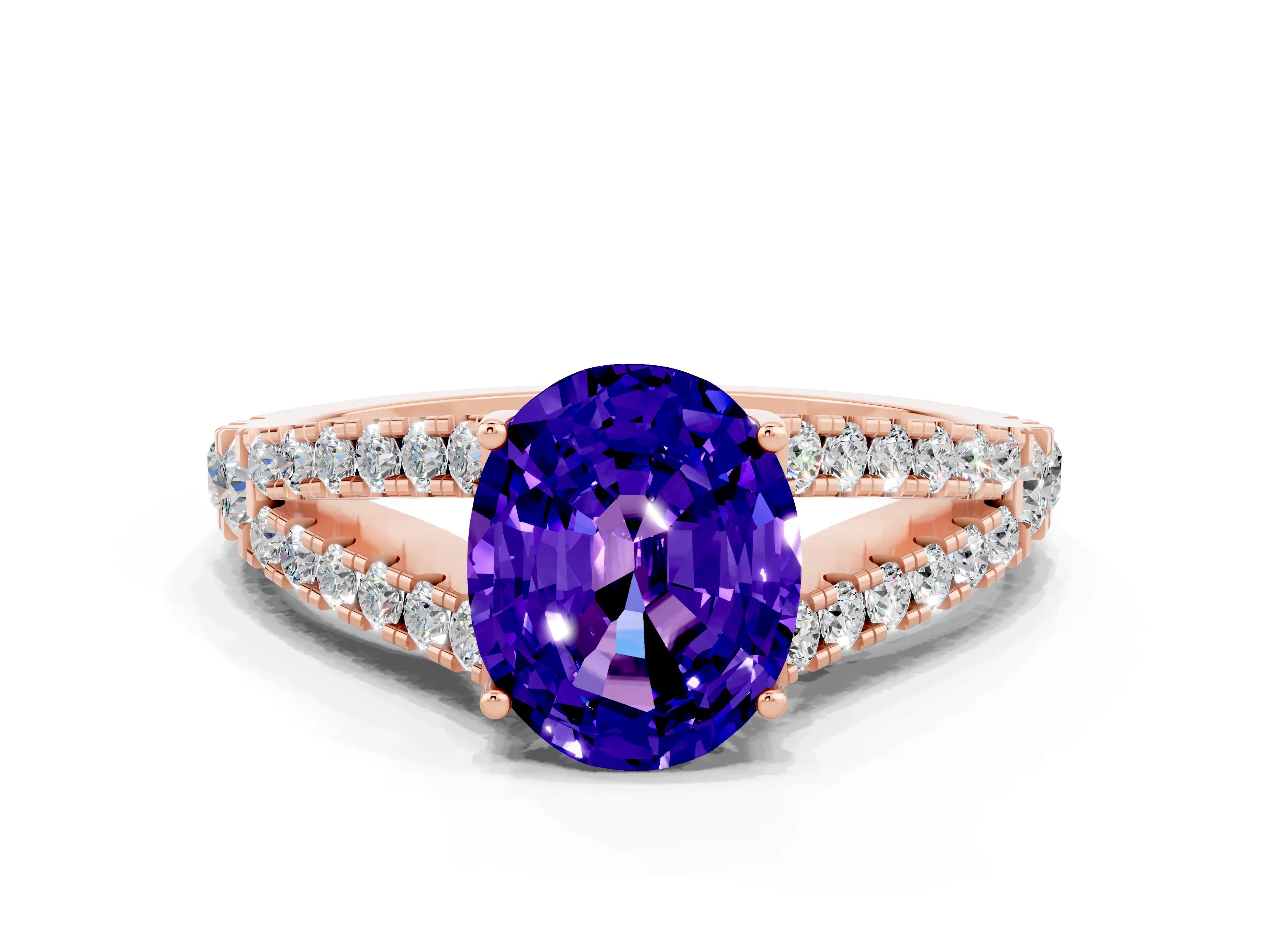 Rose gold Oval Cut Tanzanite Split Shank Pavé Engagement Ring with Four-Prong Setting_12