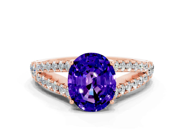 Rose gold Oval Cut Tanzanite Split Shank Pavé Engagement Ring with Four-Prong Setting