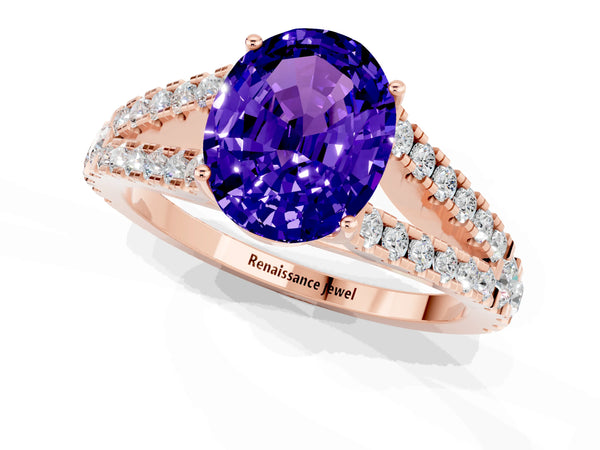 Rose gold Oval Cut Tanzanite Split Shank Pavé Engagement Ring with Four-Prong Setting