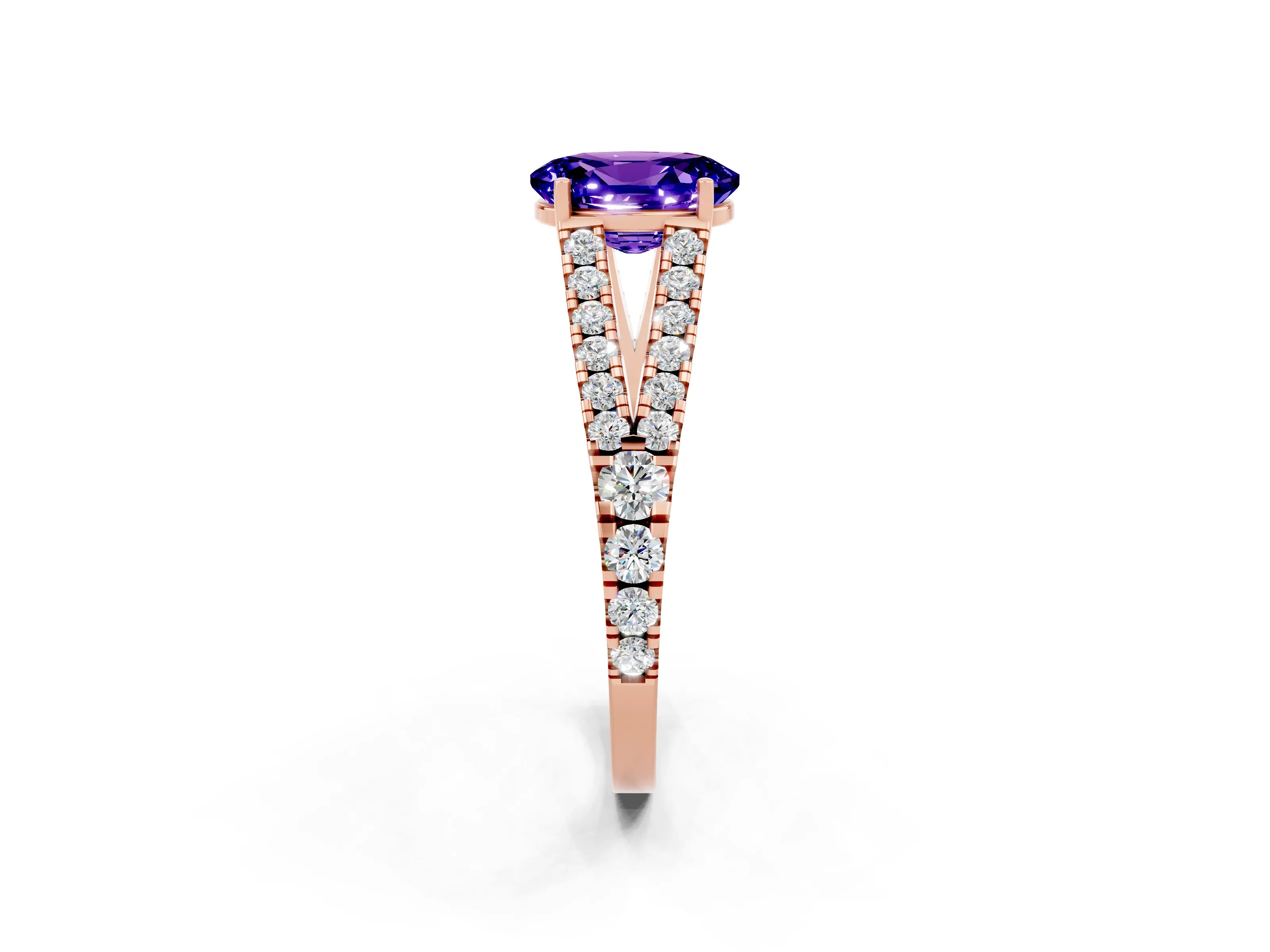 Rose gold Oval Cut Tanzanite Split Shank Pavé Engagement Ring with Four-Prong Setting_14