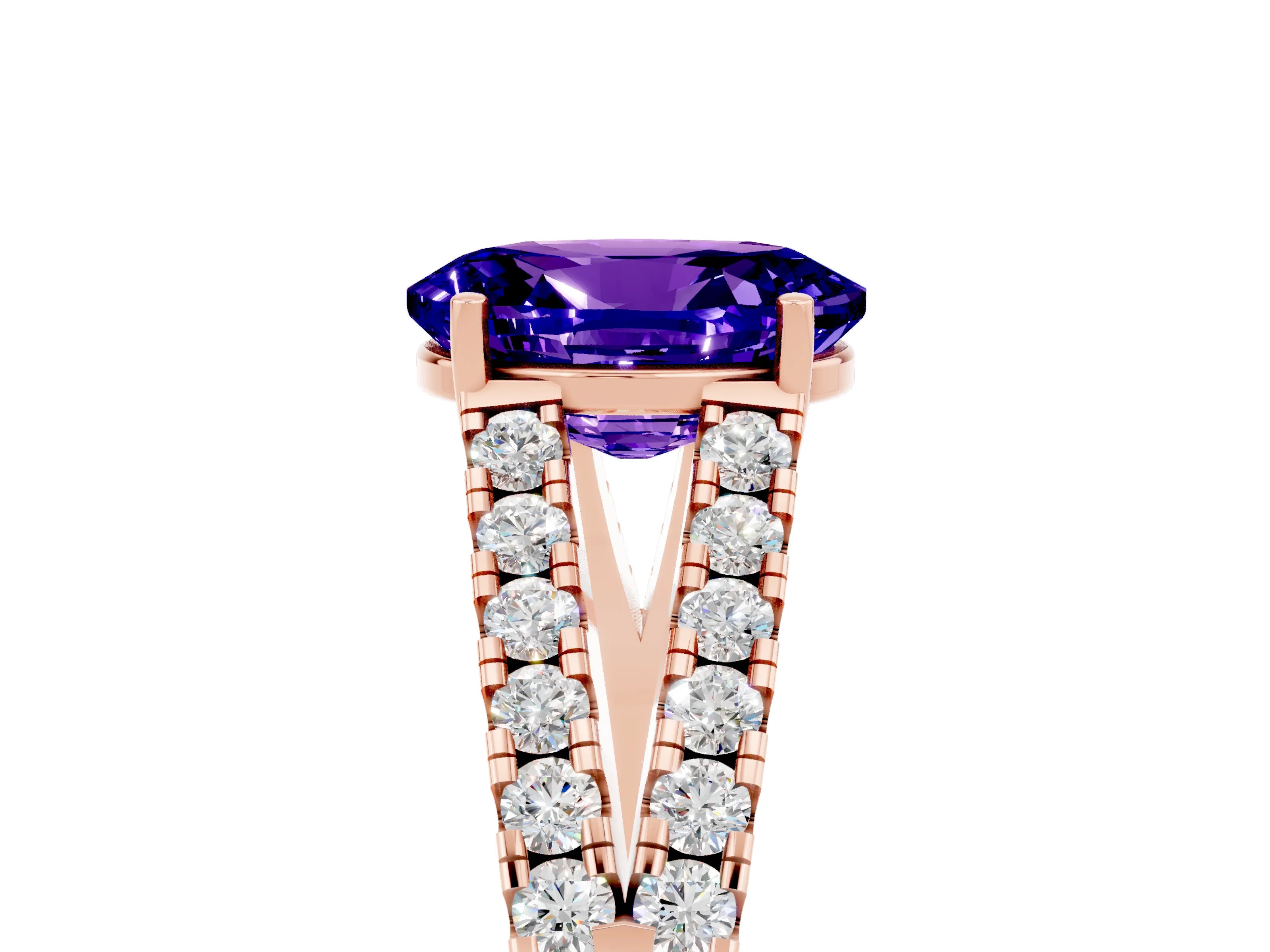 Rose gold Oval Cut Tanzanite Split Shank Pavé Engagement Ring with Four-Prong Setting_17