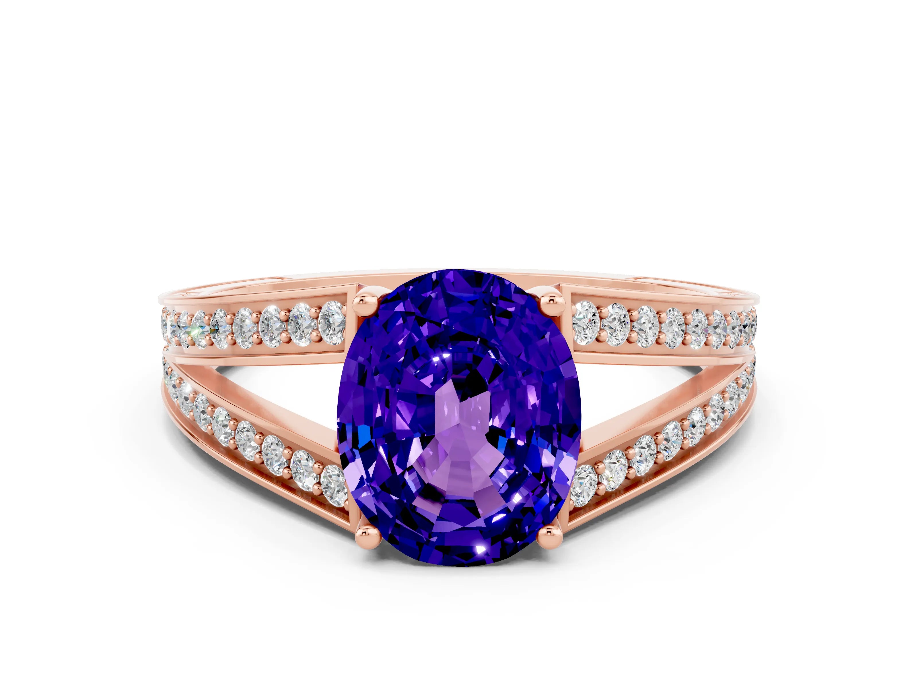 Rose gold Oval Cut Tanzanite Split Shank Ring with Pavé Band and Four-Prong Setting
