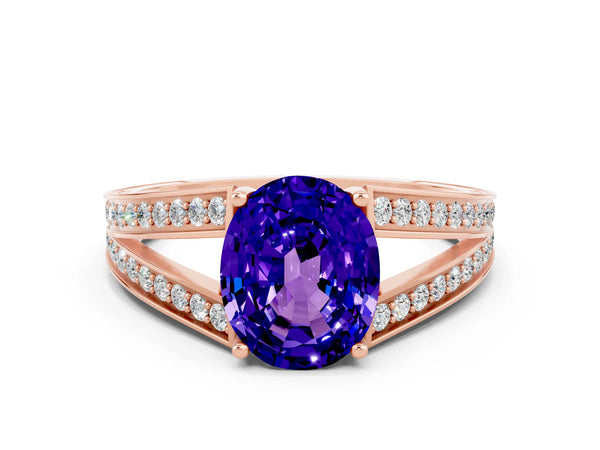 Rose gold Oval Cut Tanzanite Split Shank Ring with Pavé Band and Four-Prong Setting
