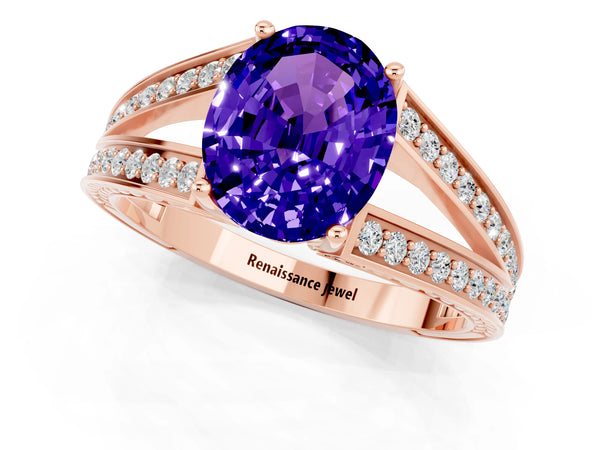 Rose gold Oval Cut Tanzanite Split Shank Ring with Pavé Band and Four-Prong Setting
