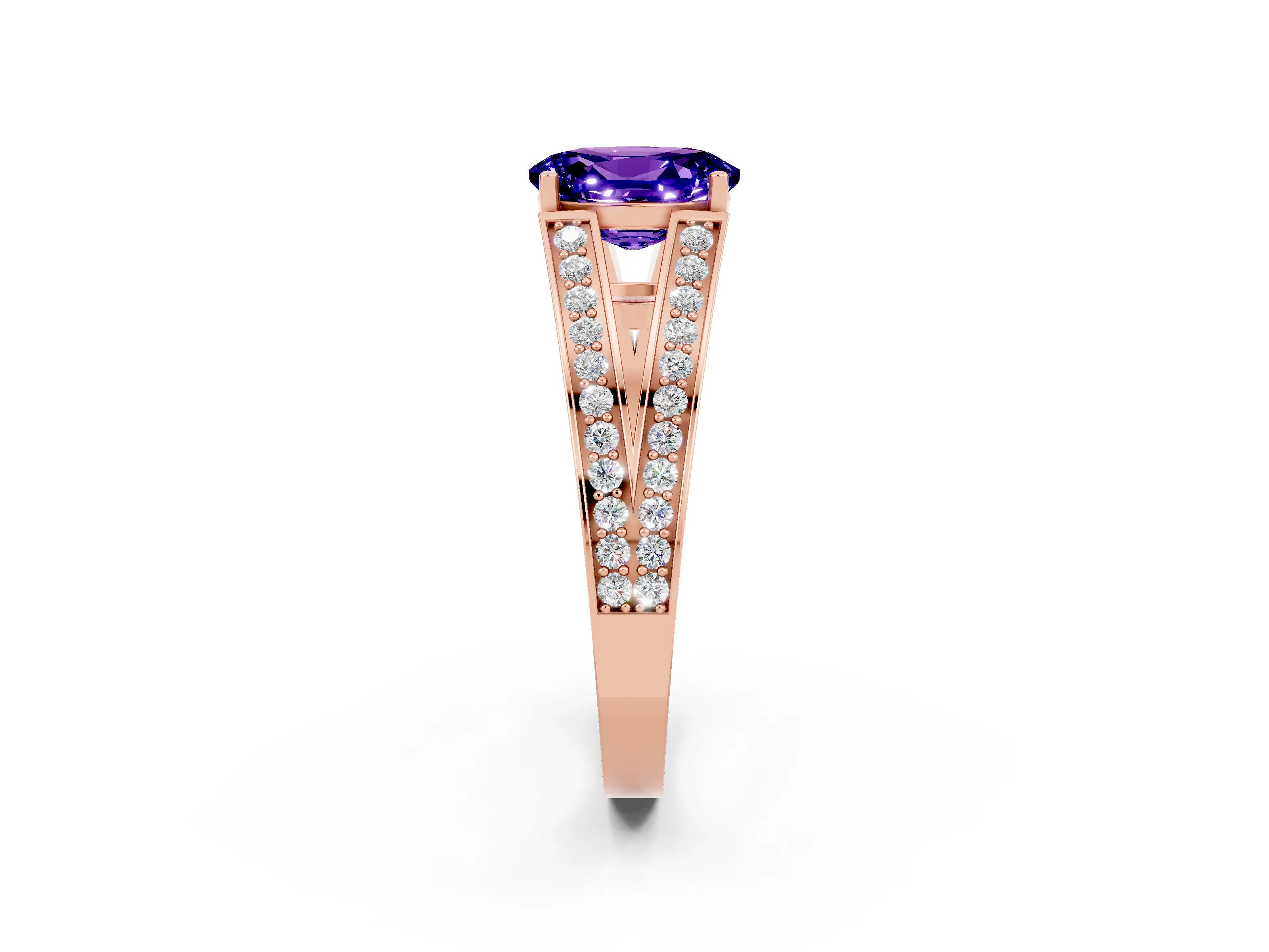 Rose gold Oval Cut Tanzanite Split Shank Ring with Pavé Band and Four-Prong Setting_2