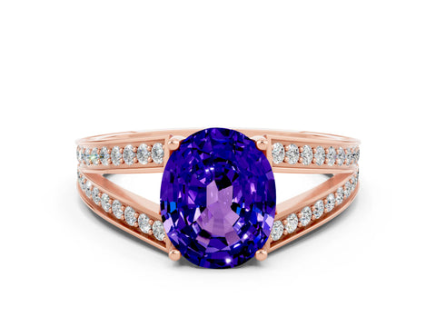 Rose gold Oval Cut Tanzanite Split Shank Ring with Pavé Band and Four-Prong Setting