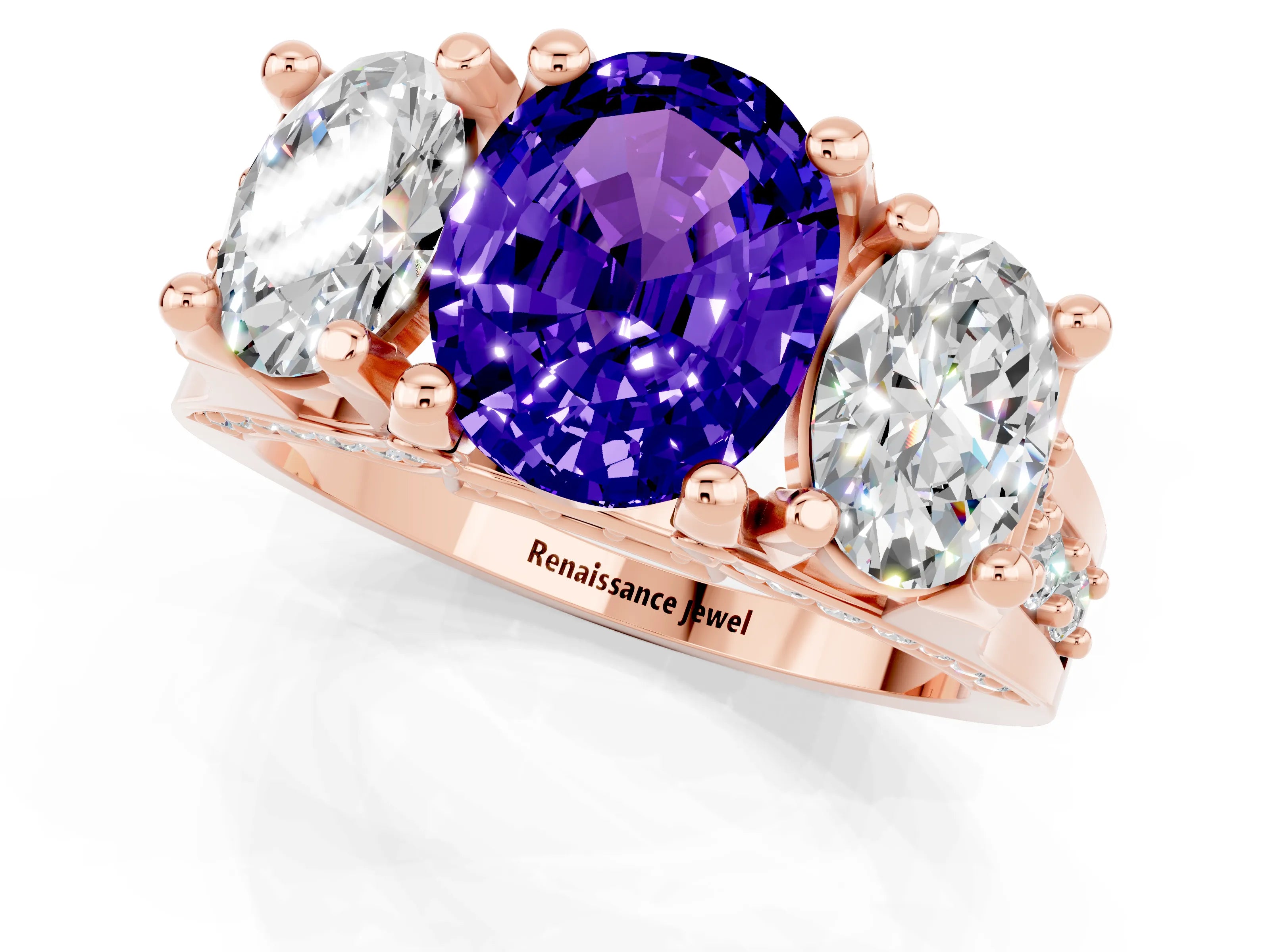 Rose gold Oval Cut Tanzanite Three-Stone Ring with Channel Set Band and Four-Prong Setting_1