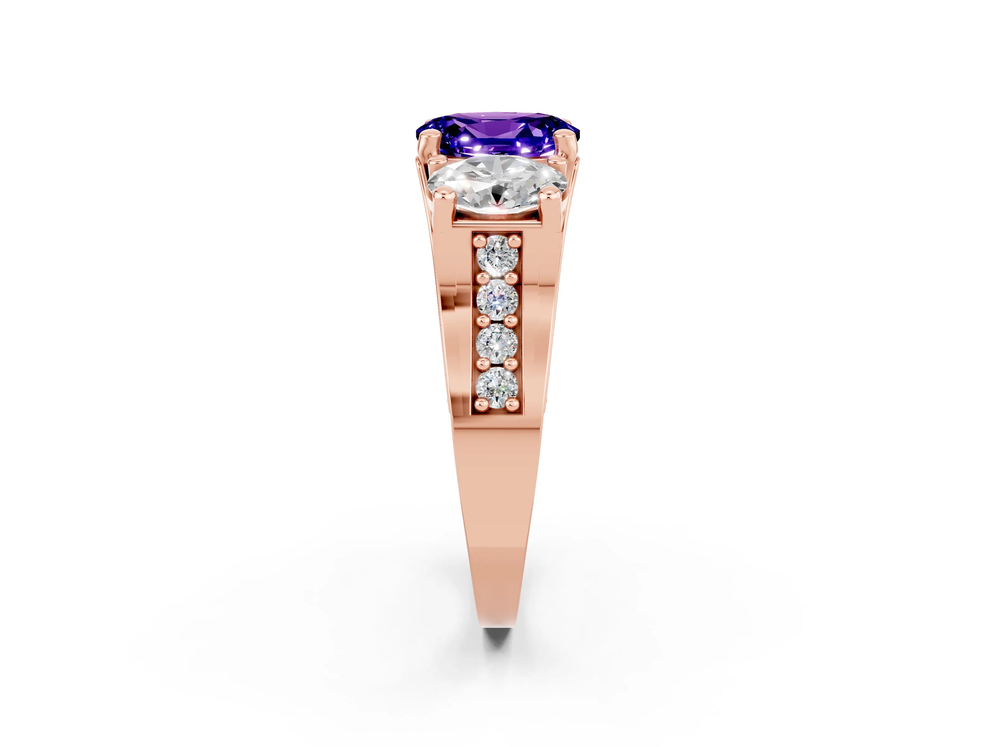 Rose gold Oval Cut Tanzanite Three-Stone Ring with Channel Set Band and Four-Prong Setting_2