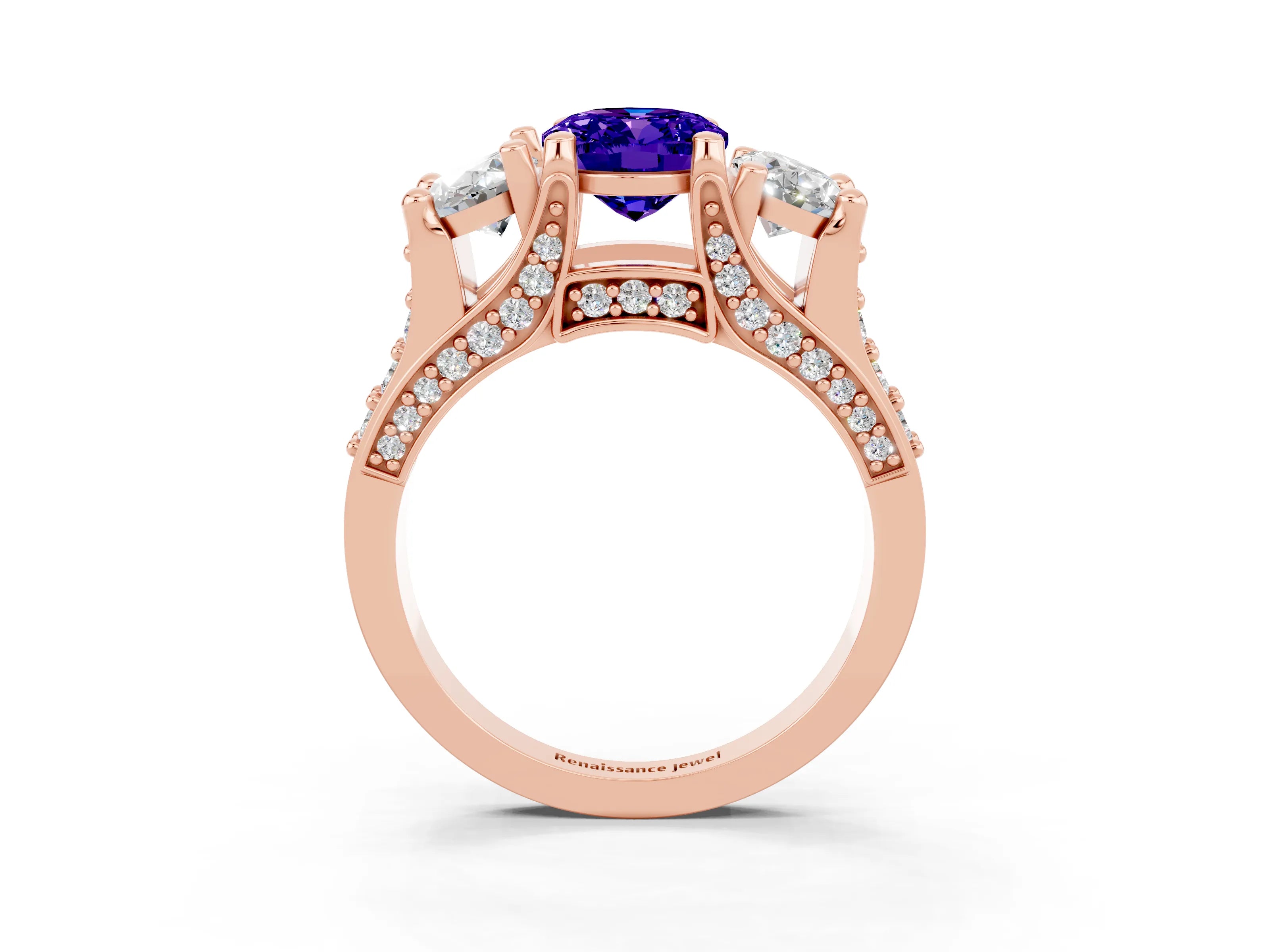 Rose gold Oval Cut Tanzanite Three-Stone Ring with Channel Set Band and Four-Prong Setting_3