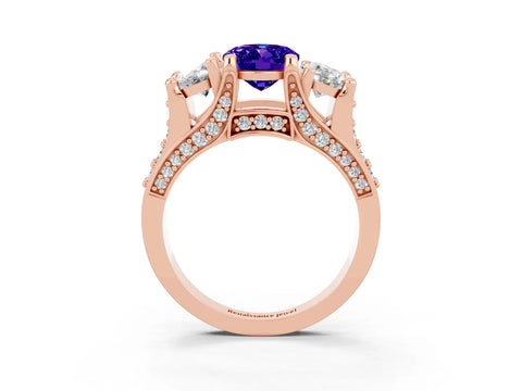 Rose gold Oval Cut Tanzanite Three-Stone Ring with Channel Set Band and Four-Prong Setting_3