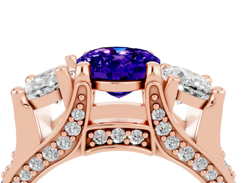 Rose gold Oval Cut Tanzanite Three-Stone Ring with Channel Set Band and Four-Prong Setting_4