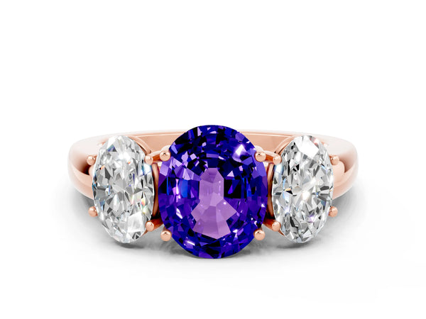 Rose gold Oval Cut Tanzanite Three-Stone Ring with Four-Prong Setting and Classic Band