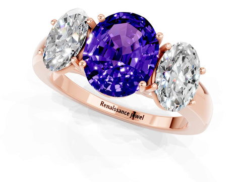 Rose gold Oval Cut Tanzanite Three-Stone Ring with Four-Prong Setting and Classic Band_1