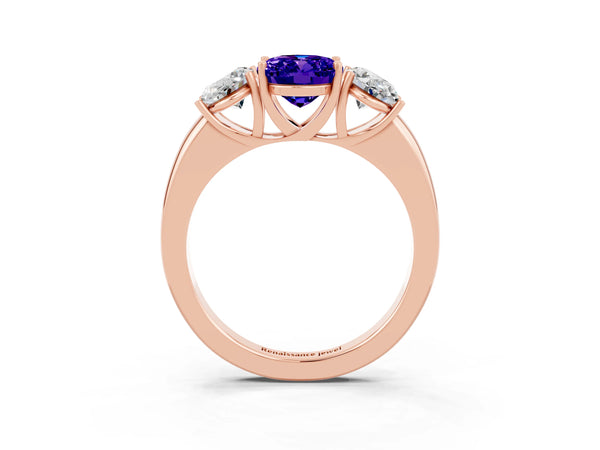 Rose gold Oval Cut Tanzanite Three-Stone Ring with Four-Prong Setting and Classic Band