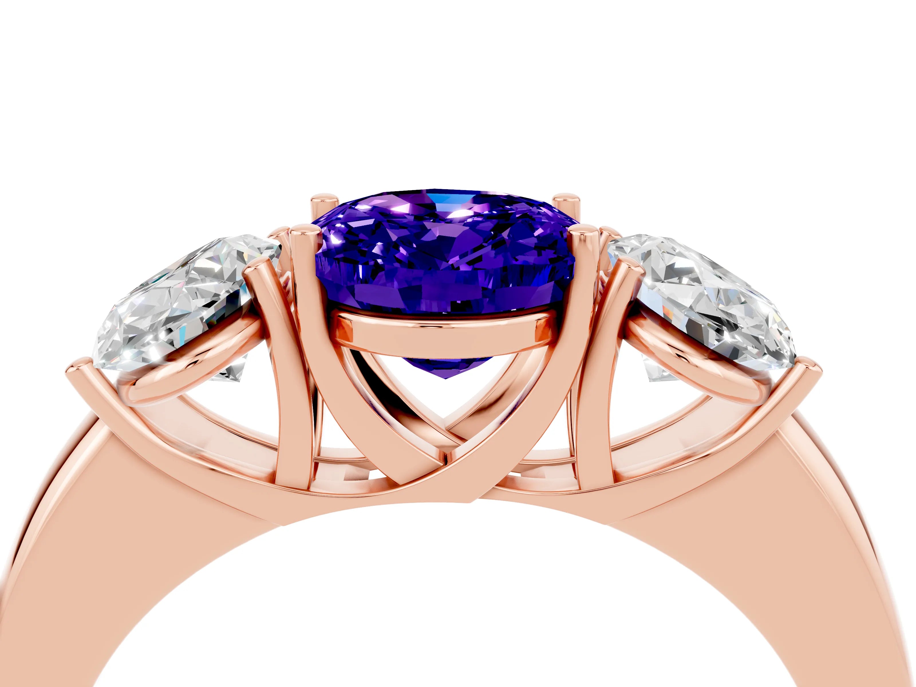 Rose gold Oval Cut Tanzanite Three-Stone Ring with Four-Prong Setting and Classic Band_4