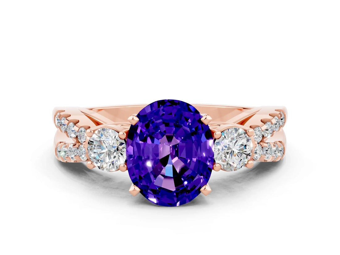 Rose gold Oval Cut Tanzanite Three-Stone Ring with Pavé Split Shank and Four-Prong Setting_12