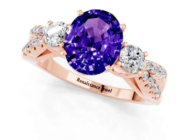 Rose gold Oval Cut Tanzanite Three-Stone Ring with Pavé Split Shank and Four-Prong Setting