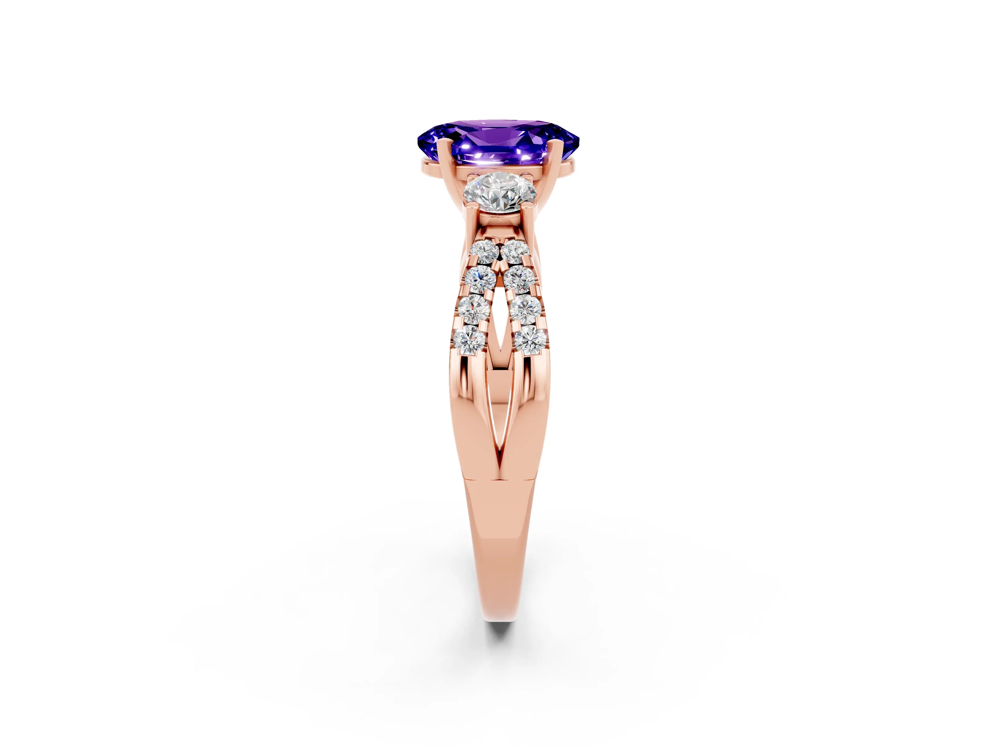 Rose gold Oval Cut Tanzanite Three-Stone Ring with Pavé Split Shank and Four-Prong Setting_14