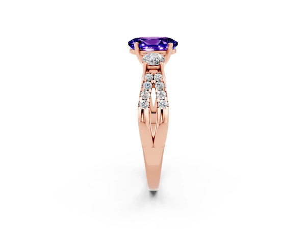 Rose gold Oval Cut Tanzanite Three-Stone Ring with Pavé Split Shank and Four-Prong Setting