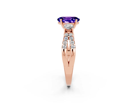 Rose gold Oval Cut Tanzanite Three-Stone Ring with Pavé Split Shank and Four-Prong Setting_14