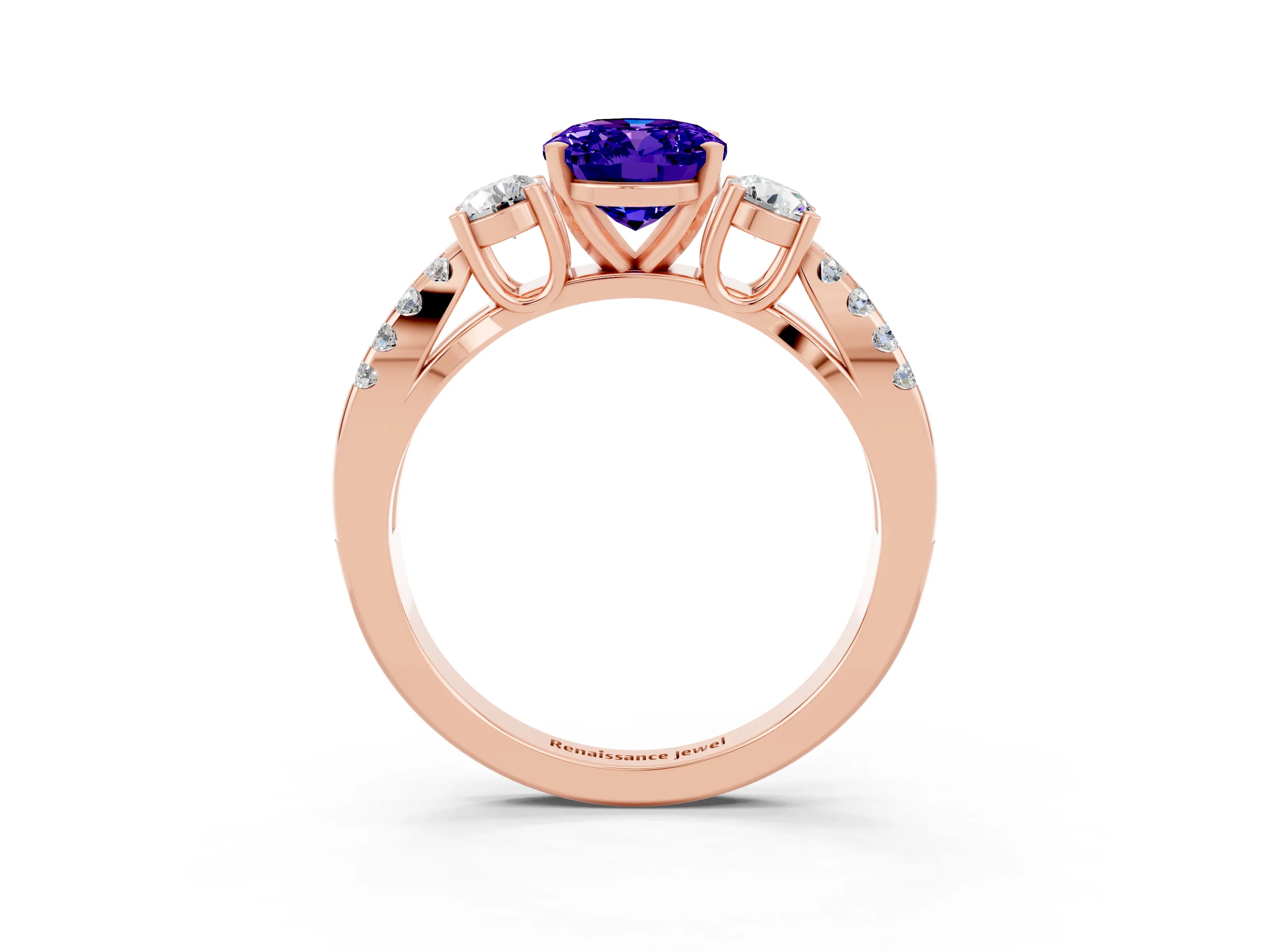 Rose gold Oval Cut Tanzanite Three-Stone Ring with Pavé Split Shank and Four-Prong Setting_15