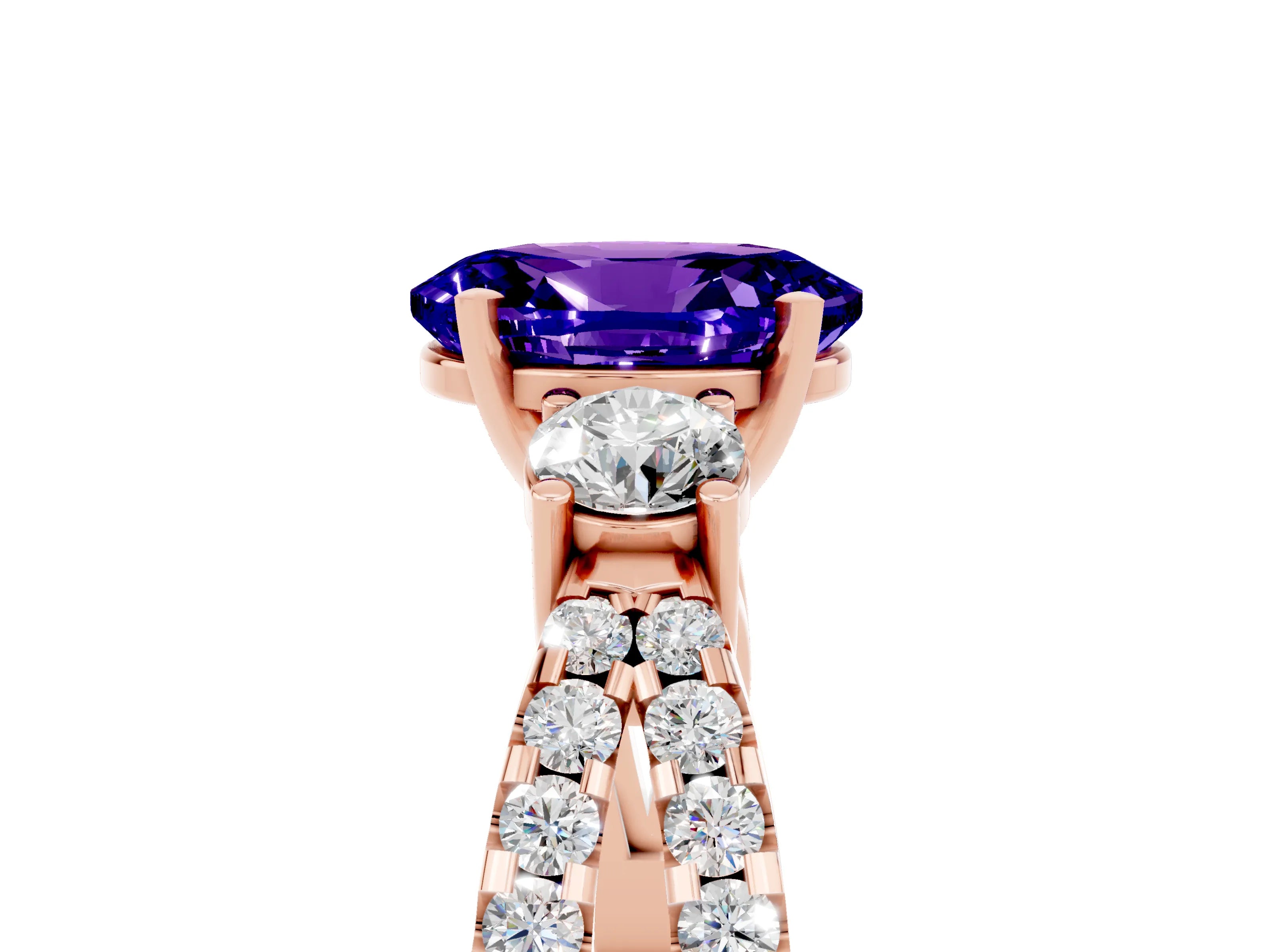 Rose gold Oval Cut Tanzanite Three-Stone Ring with Pavé Split Shank and Four-Prong Setting_17