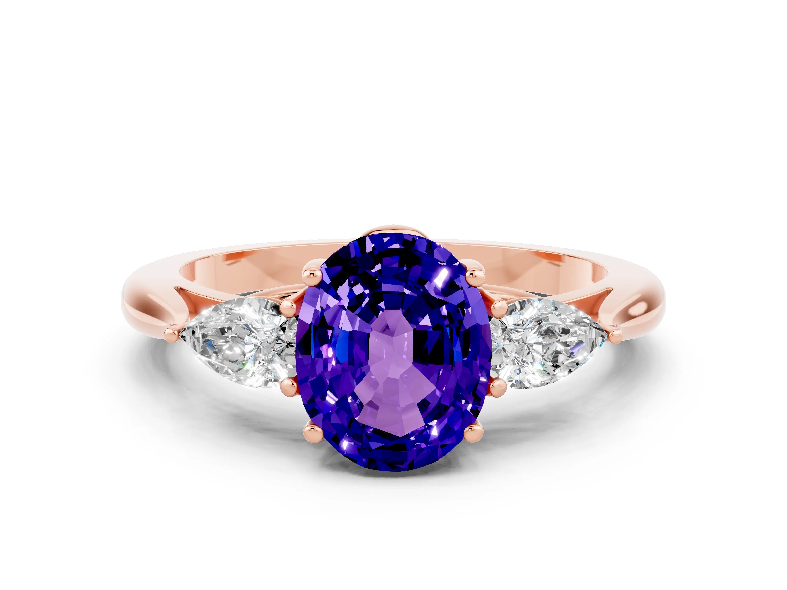 Rose gold Oval Cut Tanzanite Three-Stone Ring with Pear Side Stones and Four-Prong Setting_12