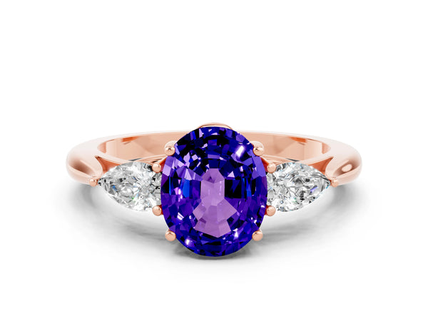 Rose gold Oval Cut Tanzanite Three-Stone Ring with Pear  Side Stones and Prong Setting