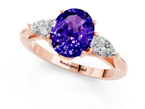 Rose gold Oval Cut Tanzanite Three-Stone Ring with Pear Side Stones and Four-Prong Setting_13
